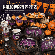 Purple and Black Halloween Party Supplies Set, Serves 10, Skeleton Plates, Napkins, Cups and Cutlery for Home and Classroom Events, 101PCS