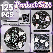 125PCS Hey Boo Ghost Halloween Tableware Set for 25 Guests, Includes 9" and 7" Paper Plates, Napkins, Cups and Plastic Forks, Pastel Ghost Party Supplies for Kids, Halloween Birthday Party