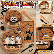 96PCS Halloween Paper Plates and Napkins Set, Serves 24 Guests- Vintage Ghost Pumpkin Disposable Dinnerware Set, Orange and Black Plastic Forks, Trick or Treat Boo Halloween Party Supplies