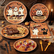 96PCS Halloween Paper Plates and Napkins Set, Serves 24 Guests- Vintage Ghost Pumpkin Disposable Dinnerware Set, Orange and Black Plastic Forks, Trick or Treat Boo Halloween Party Supplies